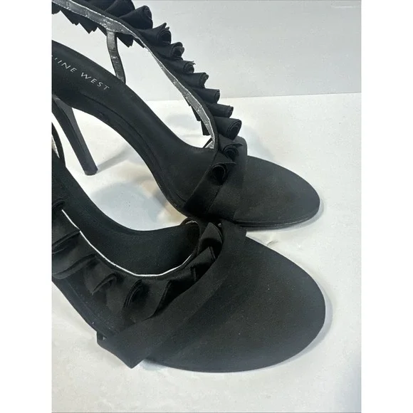 Women's Nine West Ankle Ruffle Strap Toe Spike Heel Leather Shoes Black Size 8M - Picture 4 of 7